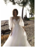 Strapless Beaded White Lace Tulle Wedding Dress With Removable Sleeves